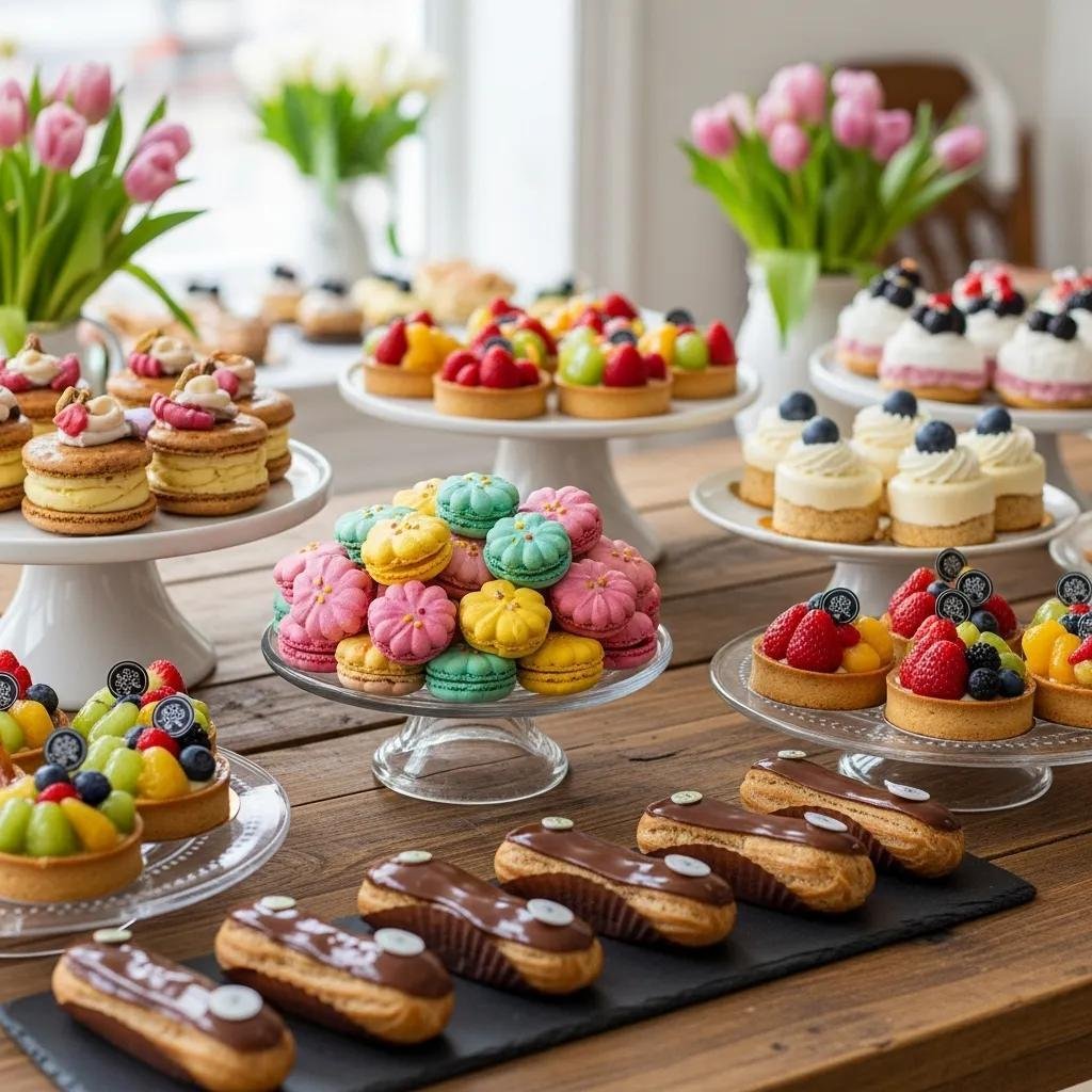 Assorted spring French desserts including floral macarons, fruit tarts, and éclairs displayed in a charming bakery setting