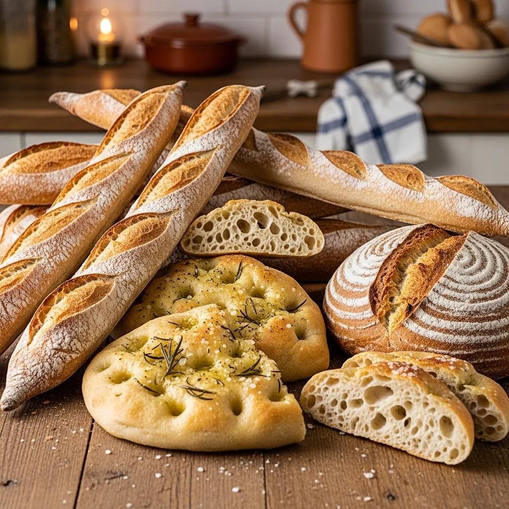 Assorted traditional French breads including baguettes, pain de campagne, and focaccia on a kitchen counter