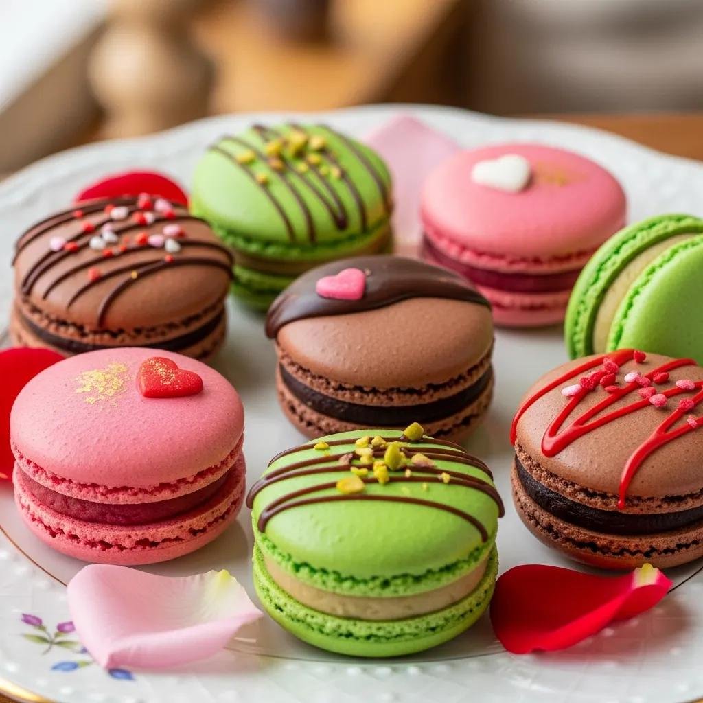 Assorted Valentine's Day macarons in vibrant colors showcasing flavors like raspberry rose and chocolate ganache