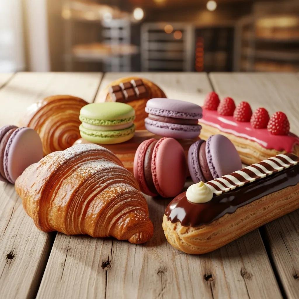 Assortment of signature French pastries including croissants, éclairs, and macarons