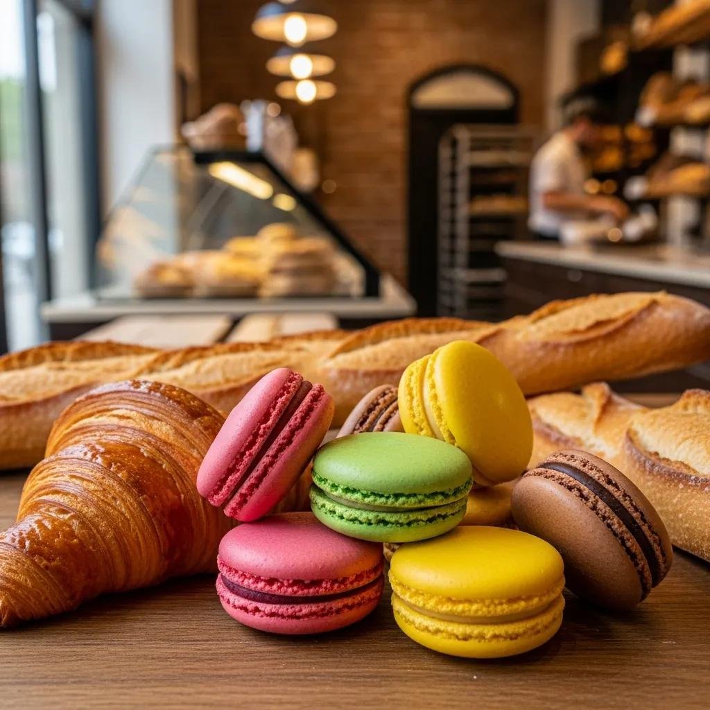Assortment of signature French pastries including croissants, macarons, and baguette