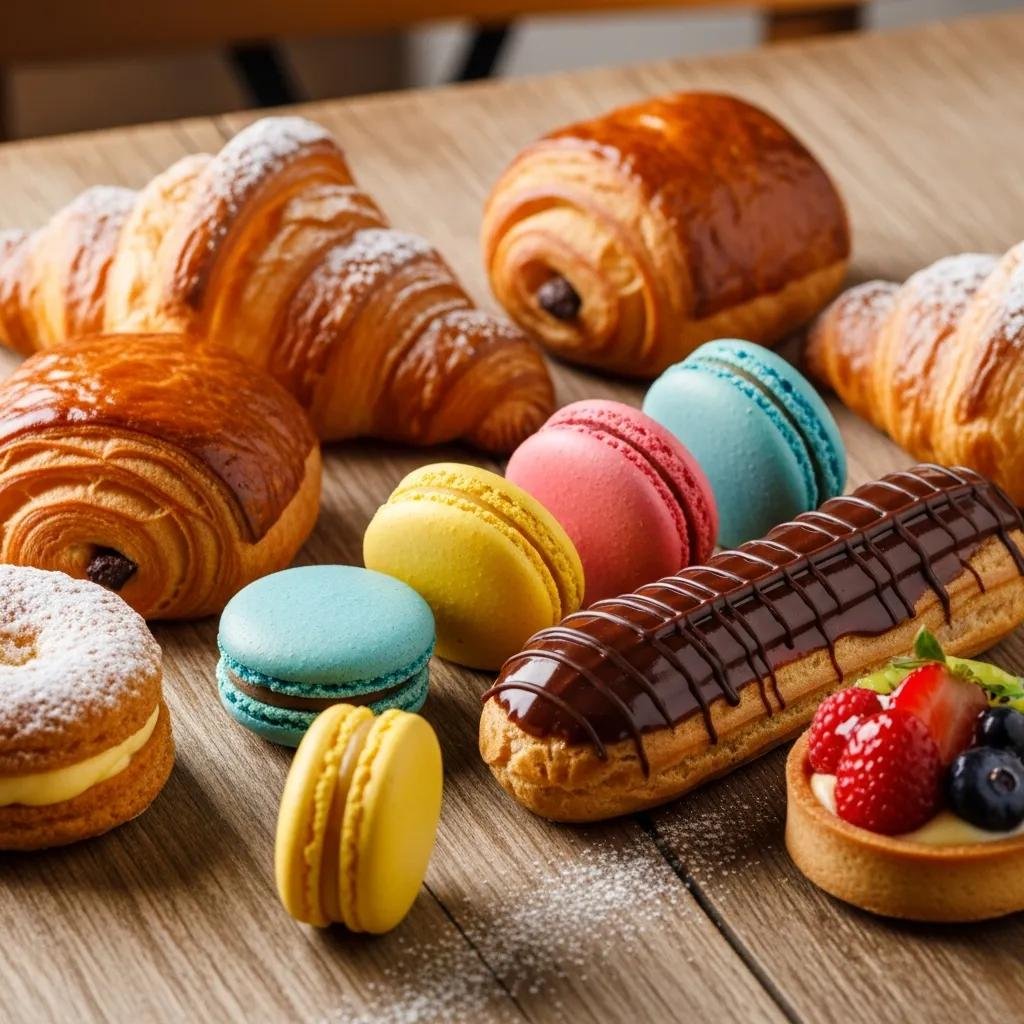 Assortment of signature French pastries including croissants, macarons, and éclair