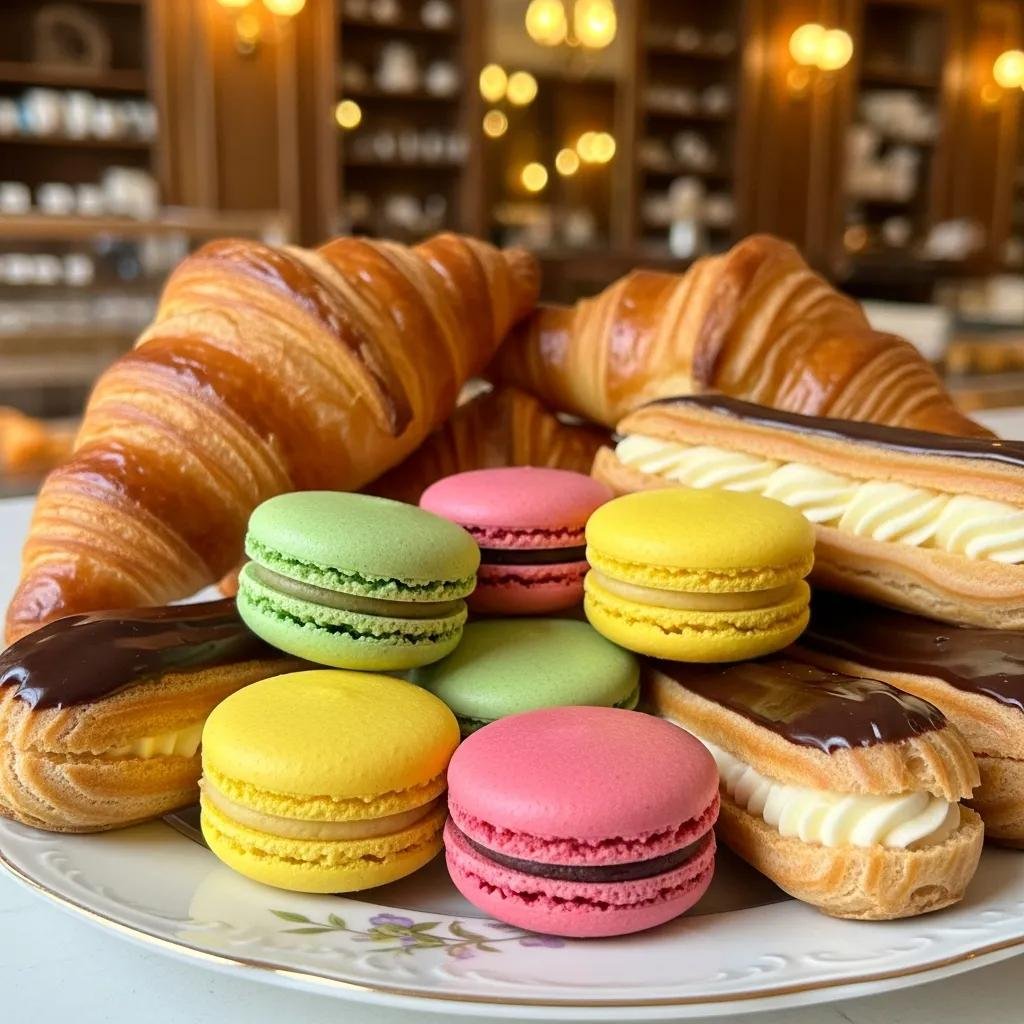 Assortment of traditional French pastries including croissants, macarons, and eclairs