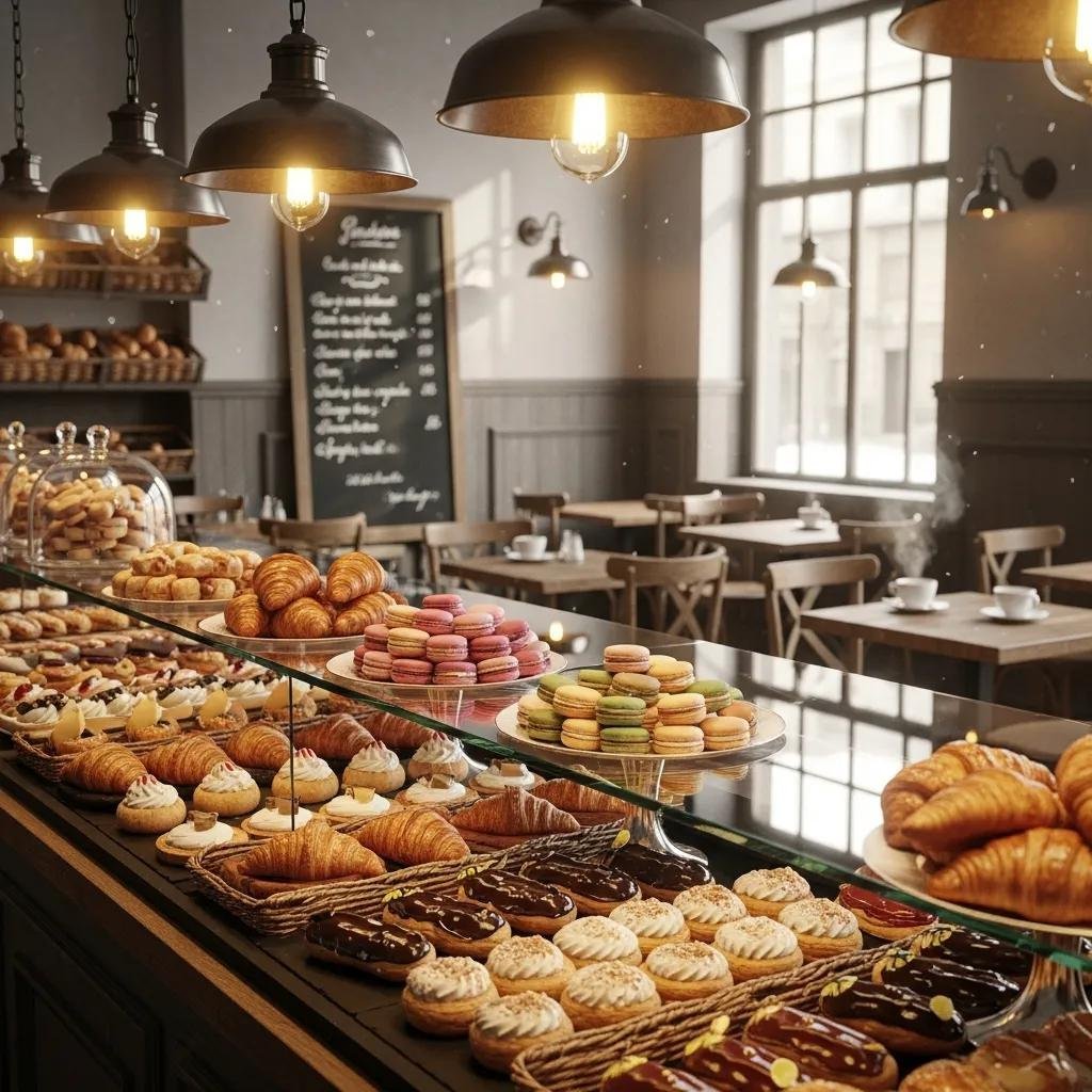 Authentic French bakery display with pastries like croissants and macarons