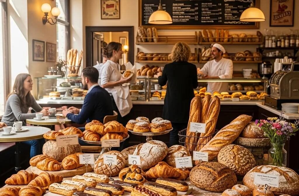 Authentic French pastries and artisan breads displayed in a cozy bakery setting
