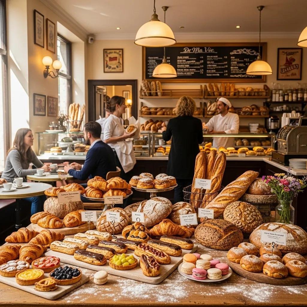 Authentic French pastries and artisan breads displayed in a cozy bakery setting