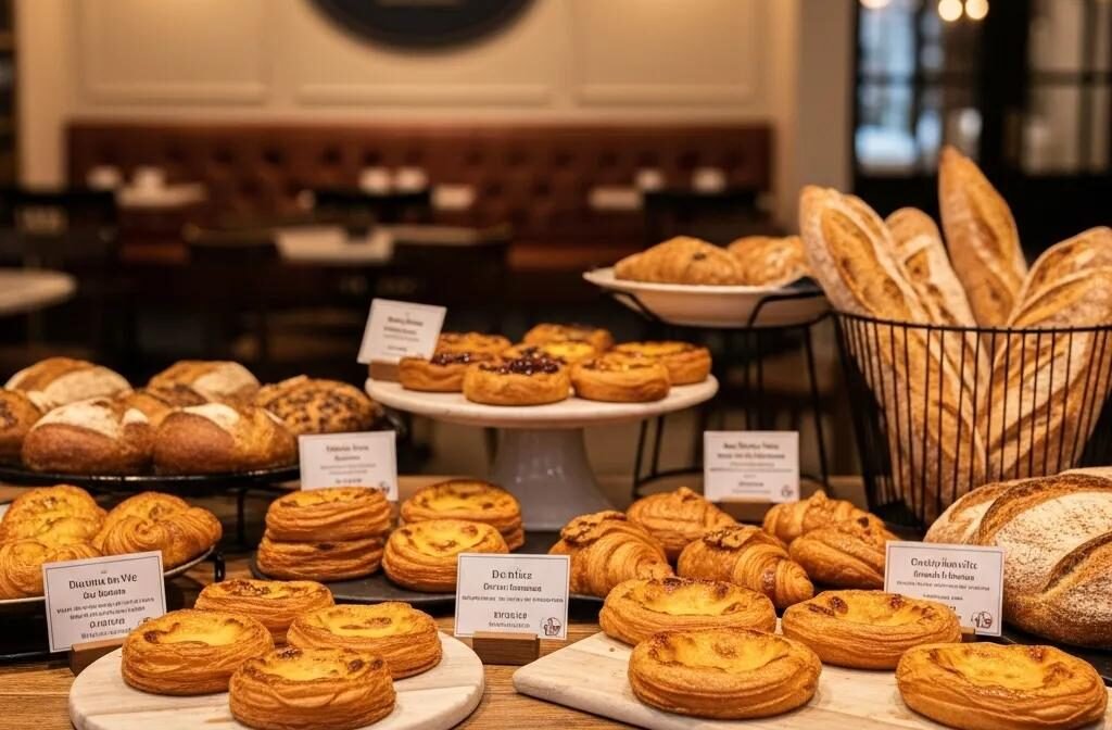 Authentic French pastries and artisan breads displayed in a cozy bakery setting