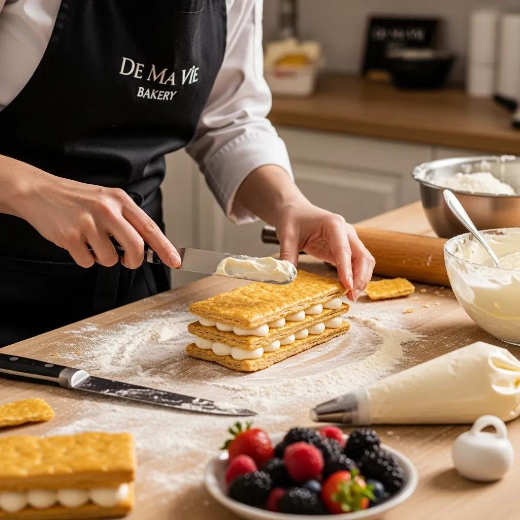 Baker crafting Mille-Feuille at De Ma Vie Bakery with fresh ingredients