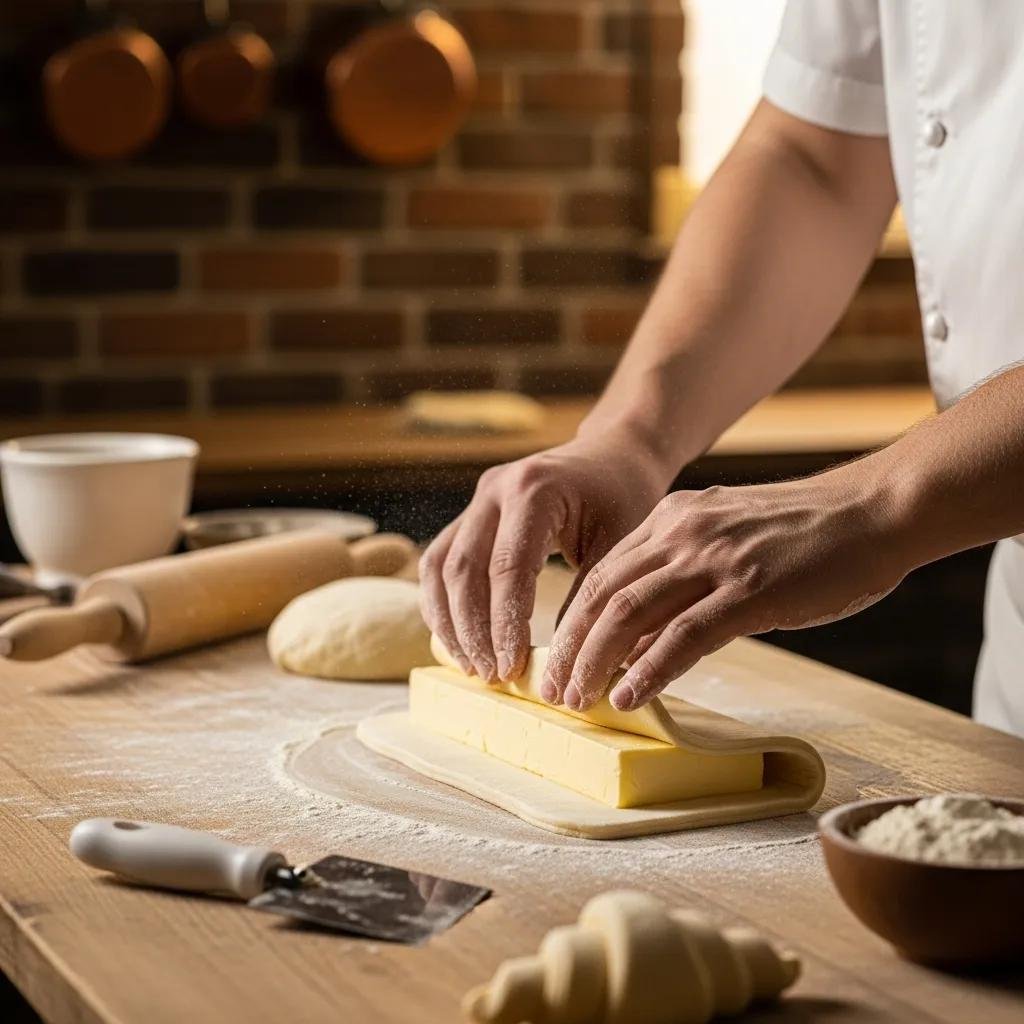 Baker demonstrating the lamination process for croissants in a traditional bakery kitchen