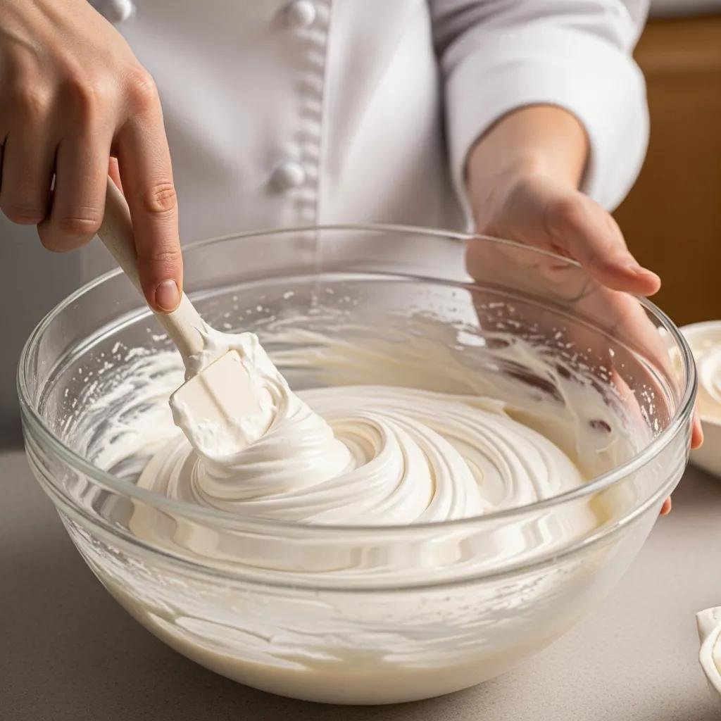 Baker folding meringue into almond flour mixture, demonstrating the macaronage technique