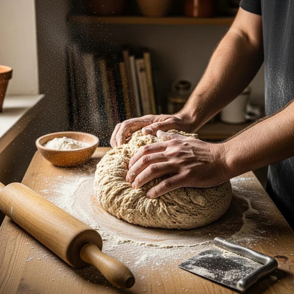 Baker kneading dough for Pain de Campagne in a rustic kitchen
