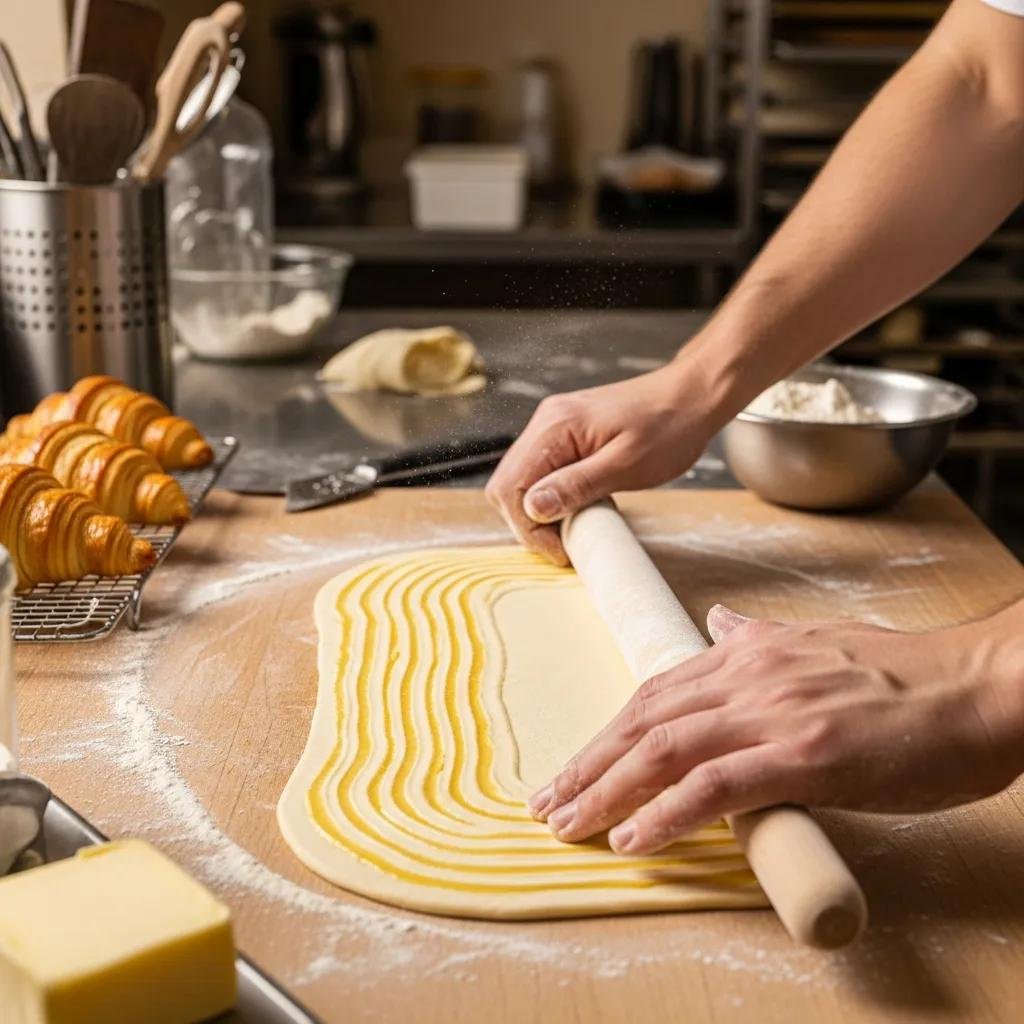 Baker laminating dough for croissants in a traditional kitchen