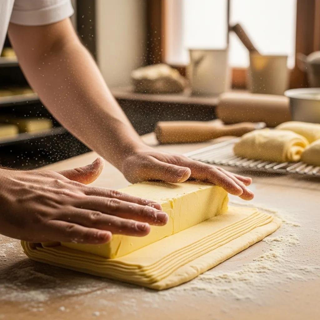 Baker laminating dough for Pain au Chocolat, illustrating the technique for achieving flaky pastry texture