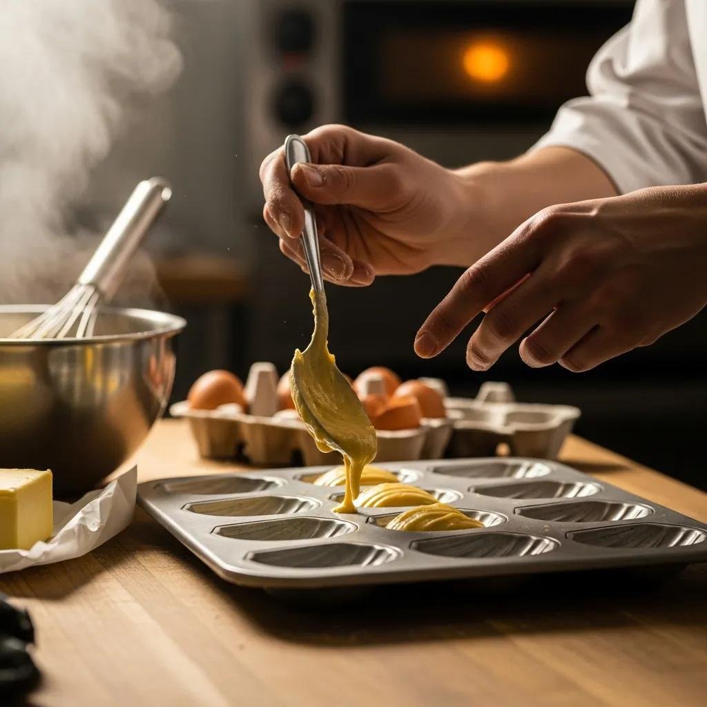 Baker placing madeleine batter into molds in a cozy bakery kitchen