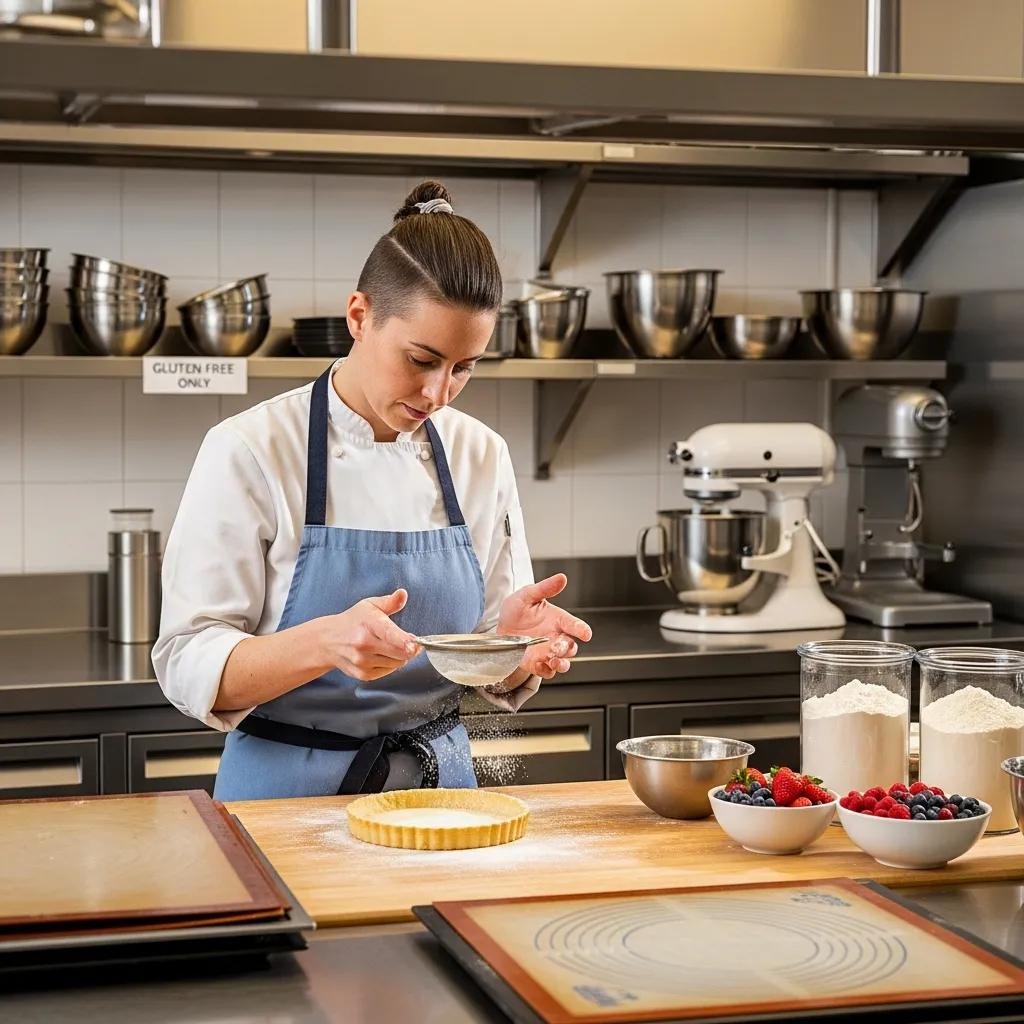 Baker preparing gluten-free pastries in a clean kitchen with dedicated equipment and fresh ingredients