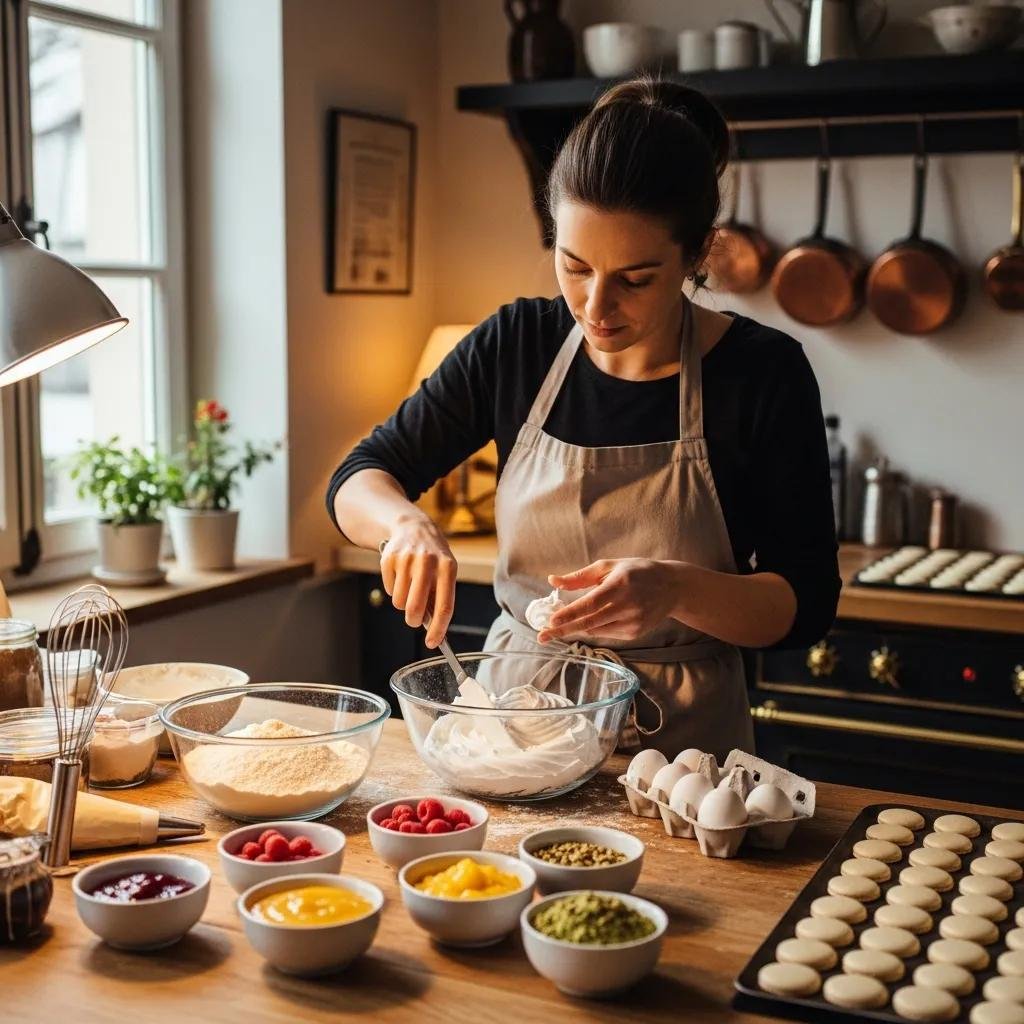 Baker preparing macarons with high-quality ingredients in a cozy kitchen