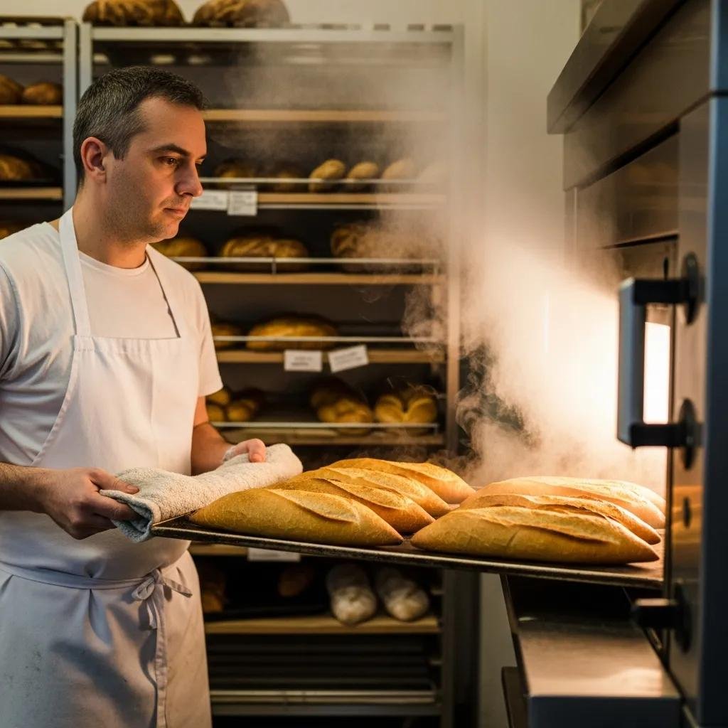Baker pulling freshly baked French baguettes from a steam oven, showcasing artisan baking techniques