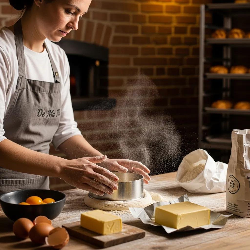 Baker shaping Savarin dough in a traditional French bakery, highlighting authentic baking techniques
