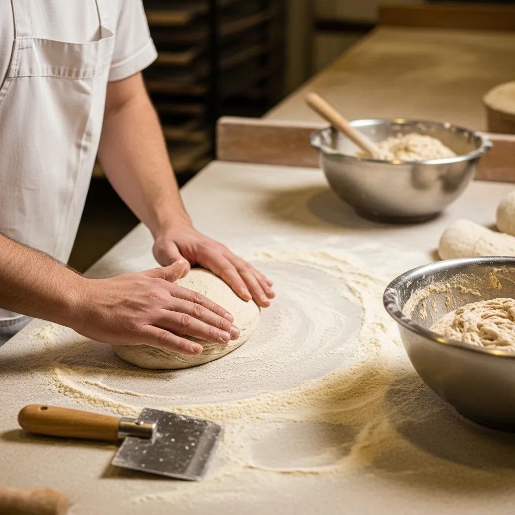 Baker shaping traditional French rye bread dough in a rustic bakery, emphasizing authenticity and craftsmanship