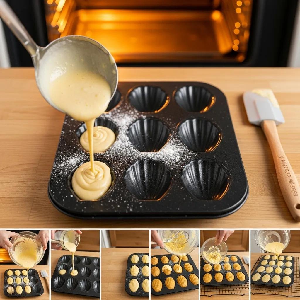 Batter being poured into a Madeleine pan in a home kitchen setting