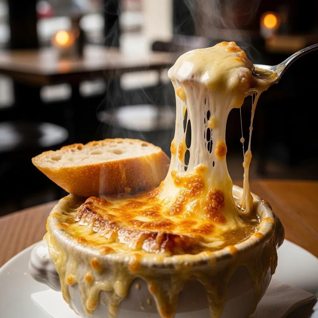 Bowl of classic French onion soup with melted Gruyère cheese and toasted baguette in a cozy café setting