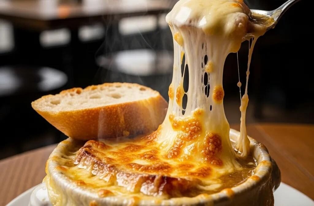 Bowl of classic French onion soup with melted Gruyère cheese and toasted baguette in a cozy café setting
