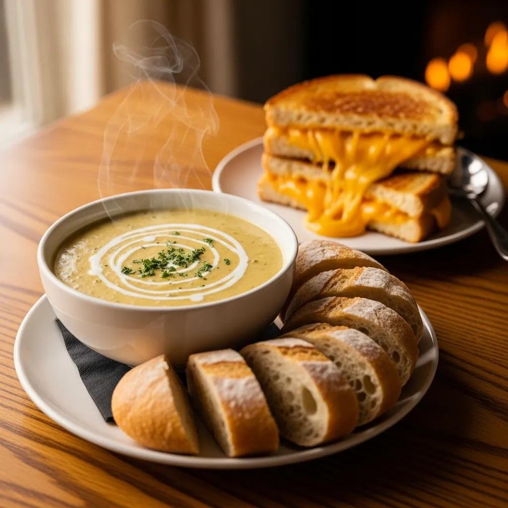 Bowl of creamy broccoli cheddar soup with a crusty baguette and grilled cheese sandwich on a rustic table
