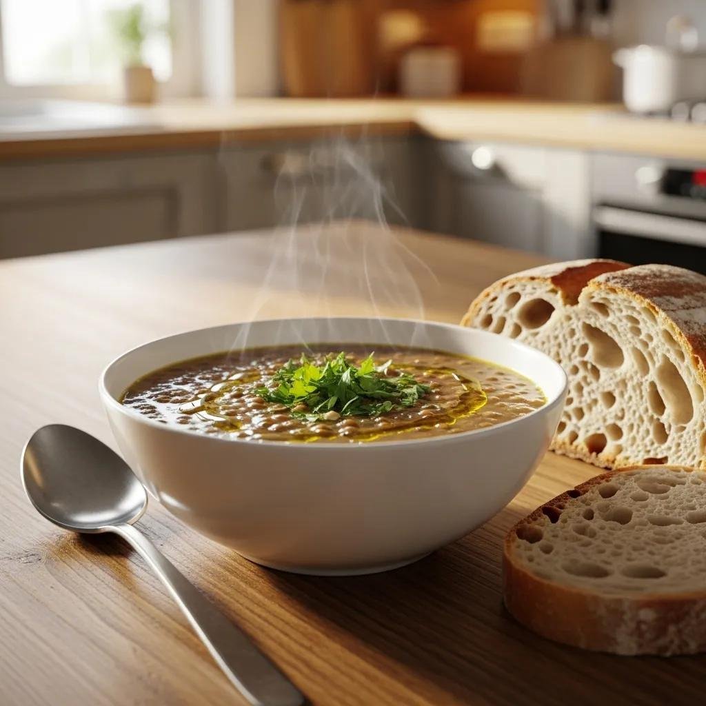 Bowl of hearty French lentil soup with fresh herbs and artisanal bread on a rustic table
