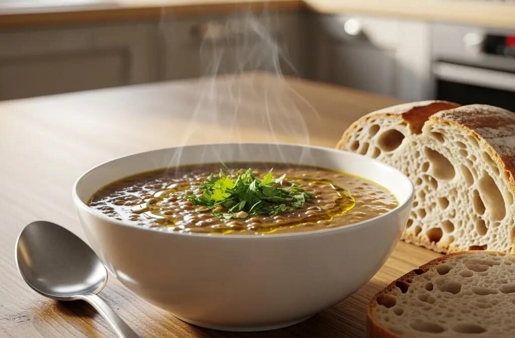 Bowl of hearty French lentil soup with fresh herbs and artisanal bread on a rustic table