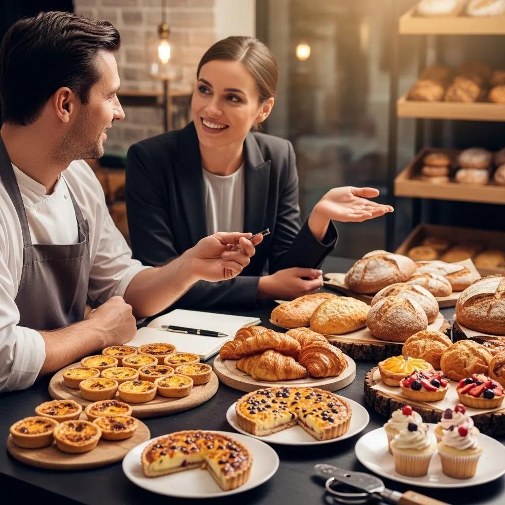 Business professional discussing custom catering orders with a bakery representative