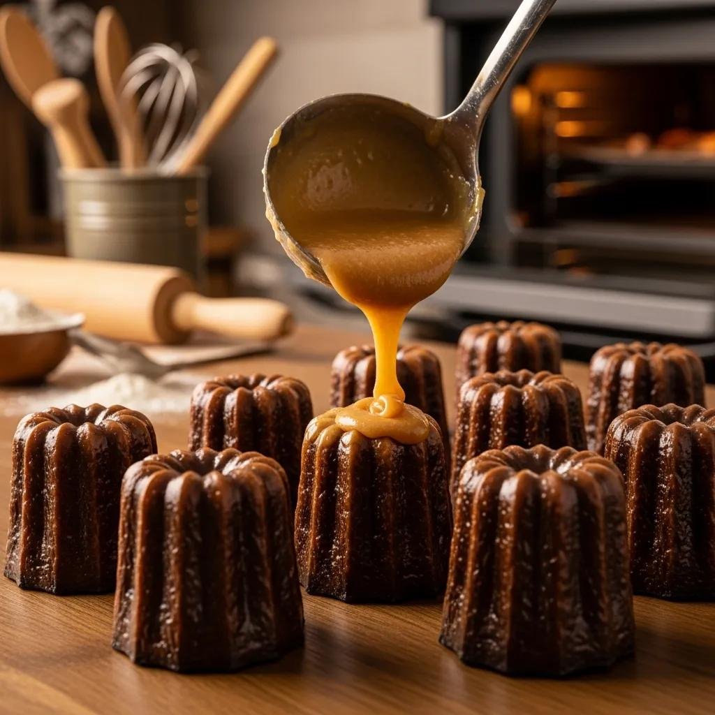 Canelé batter being poured into fluted copper molds in a cozy kitchen setting, emphasizing traditional baking techniques