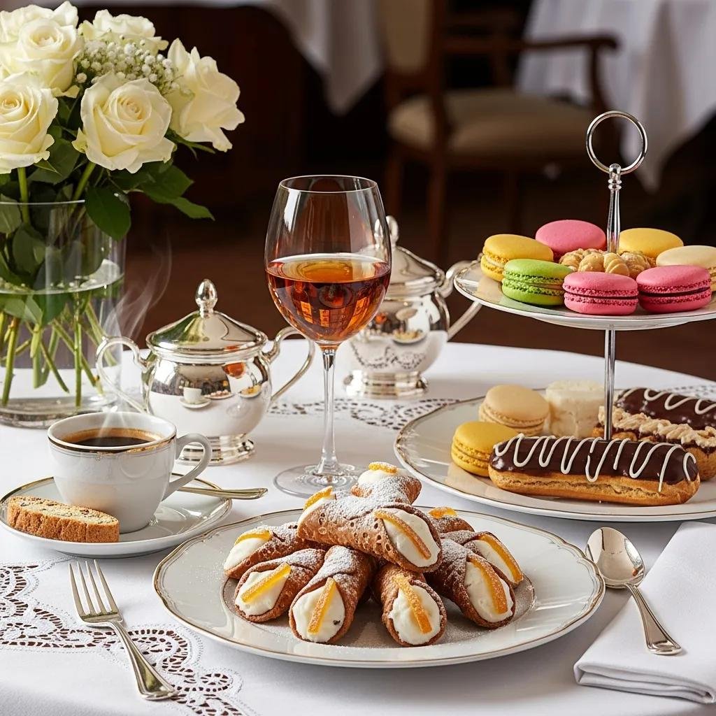 Cannoli paired with espresso and dessert wine, alongside French pastries like macarons and éclairs