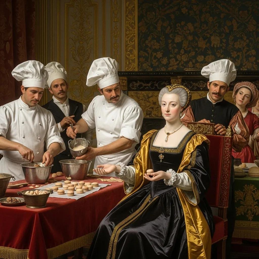Catherine de Medici in a 16th-century court with Italian chefs preparing almond pastries, illustrating cultural exchange