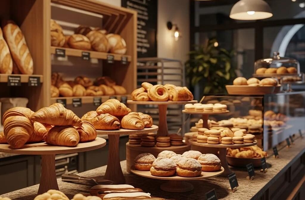 Charming display of traditional French pastries and breads in a cozy bakery setting