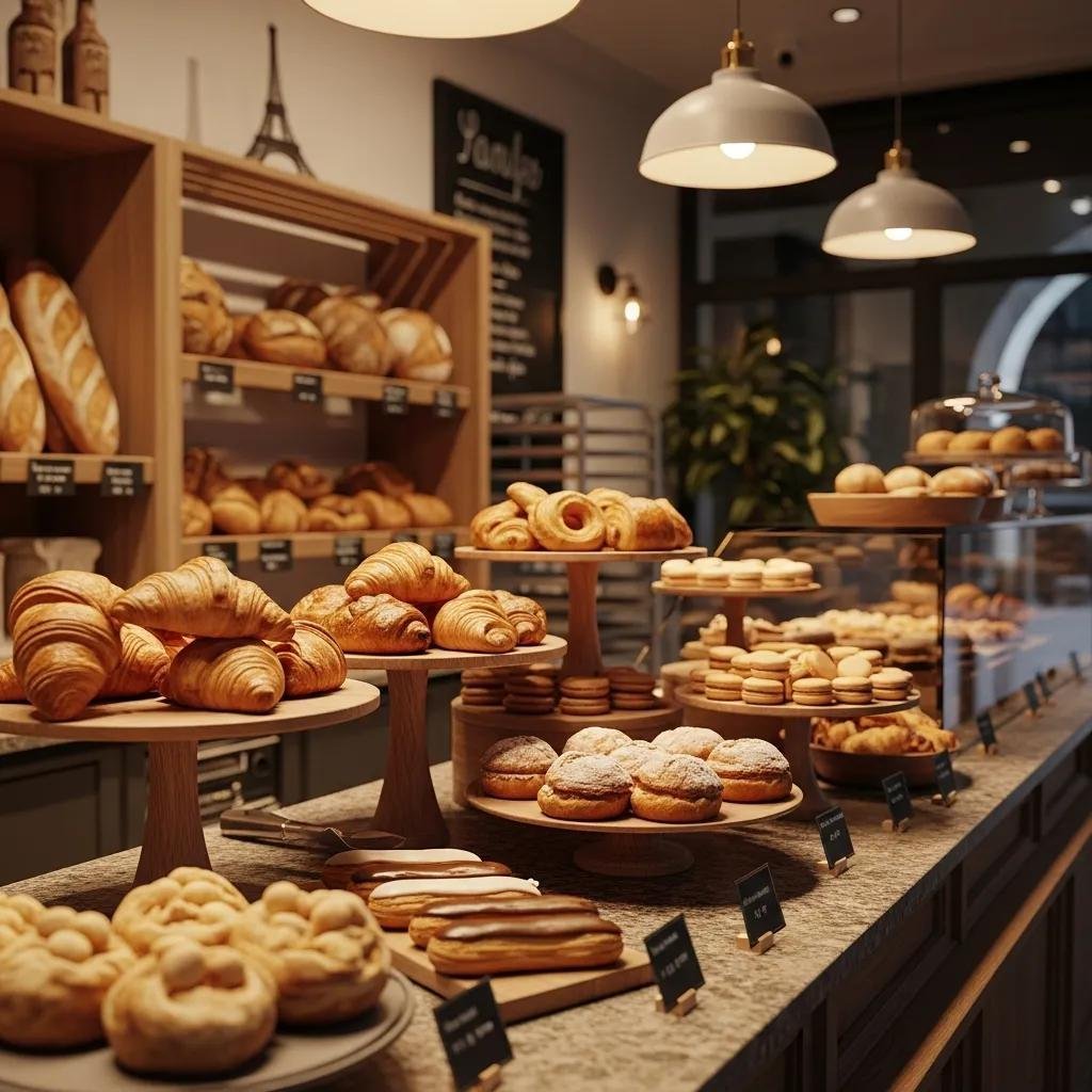 Charming display of traditional French pastries and breads in a cozy bakery setting