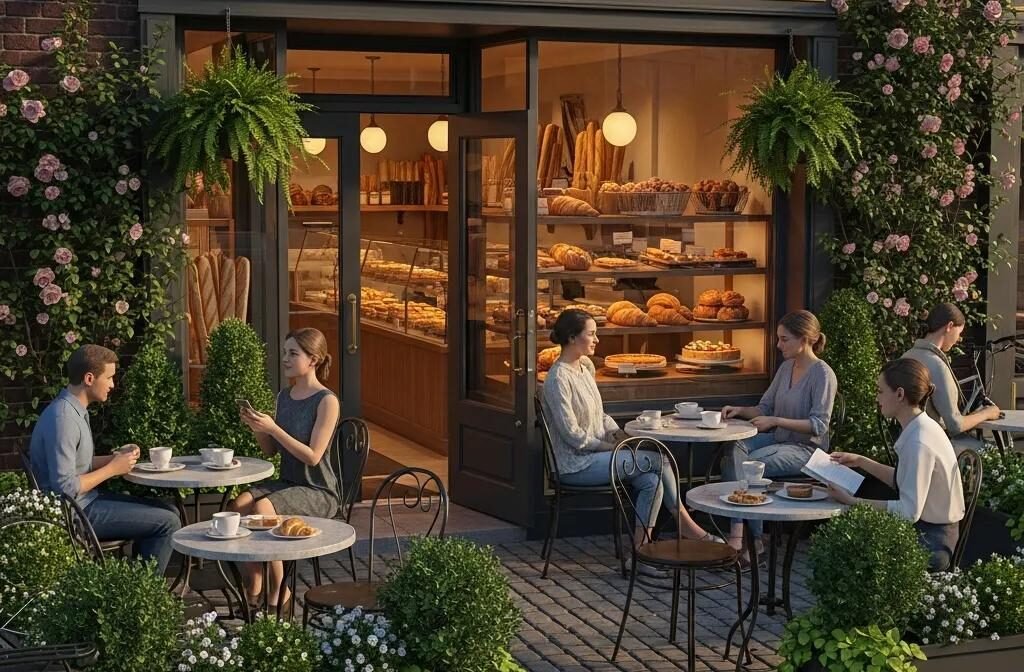 Charming exterior of De Ma Vie Bakery in Falls Church, Virginia, featuring outdoor seating and pastries