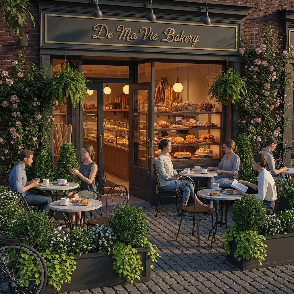 Charming exterior of De Ma Vie Bakery in Falls Church, Virginia, featuring outdoor seating and pastries