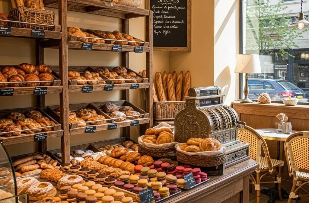 Charming French bakery display with croissants, macarons, and baguettes in a warm, inviting setting