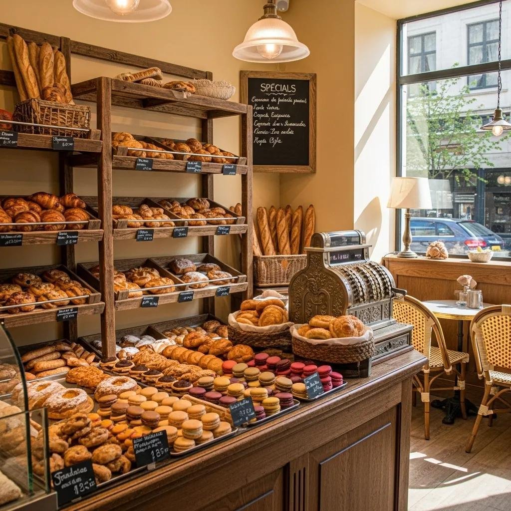 Charming French bakery display with croissants, macarons, and baguettes in a warm, inviting setting