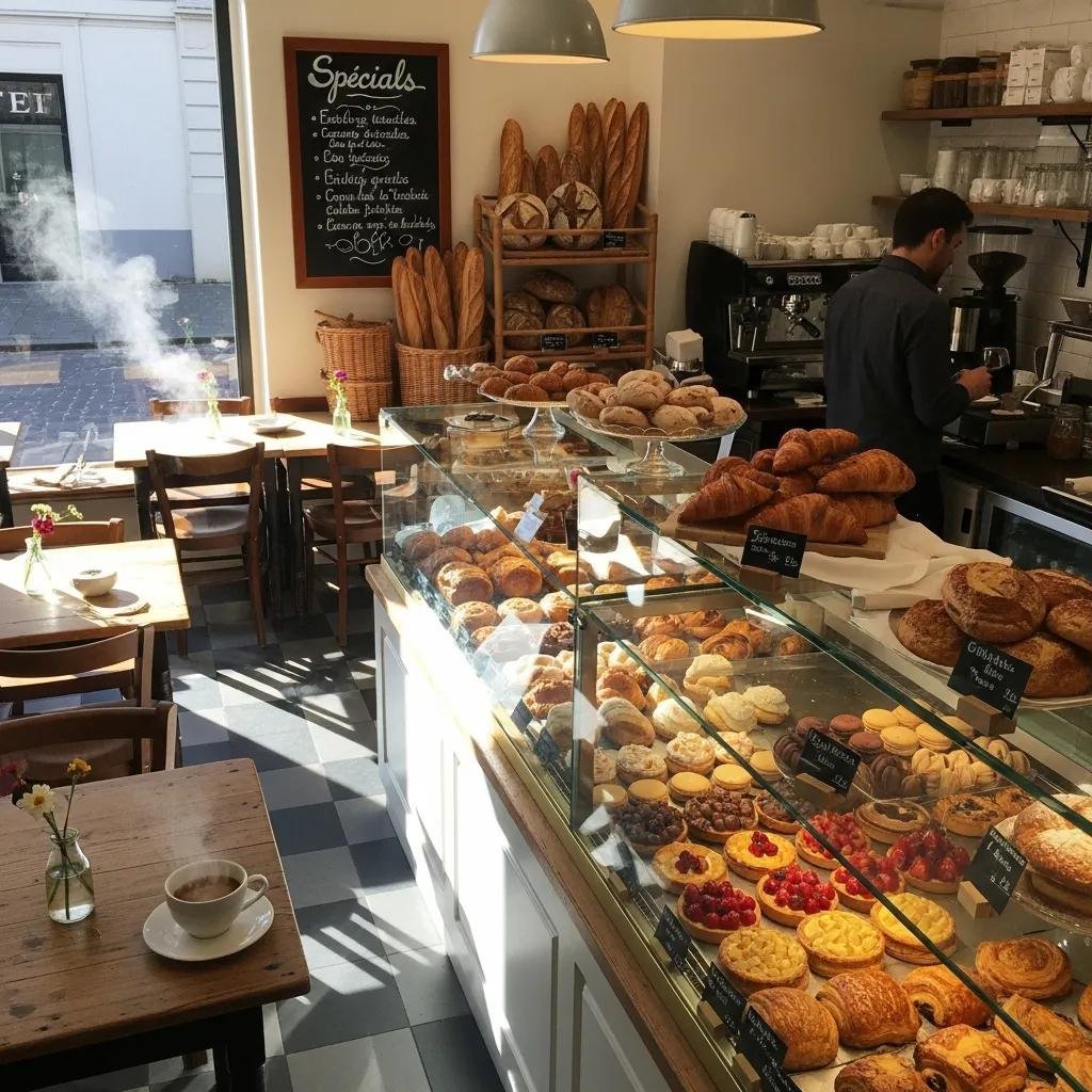 Charming French bakery display with fresh pastries and artisan breads