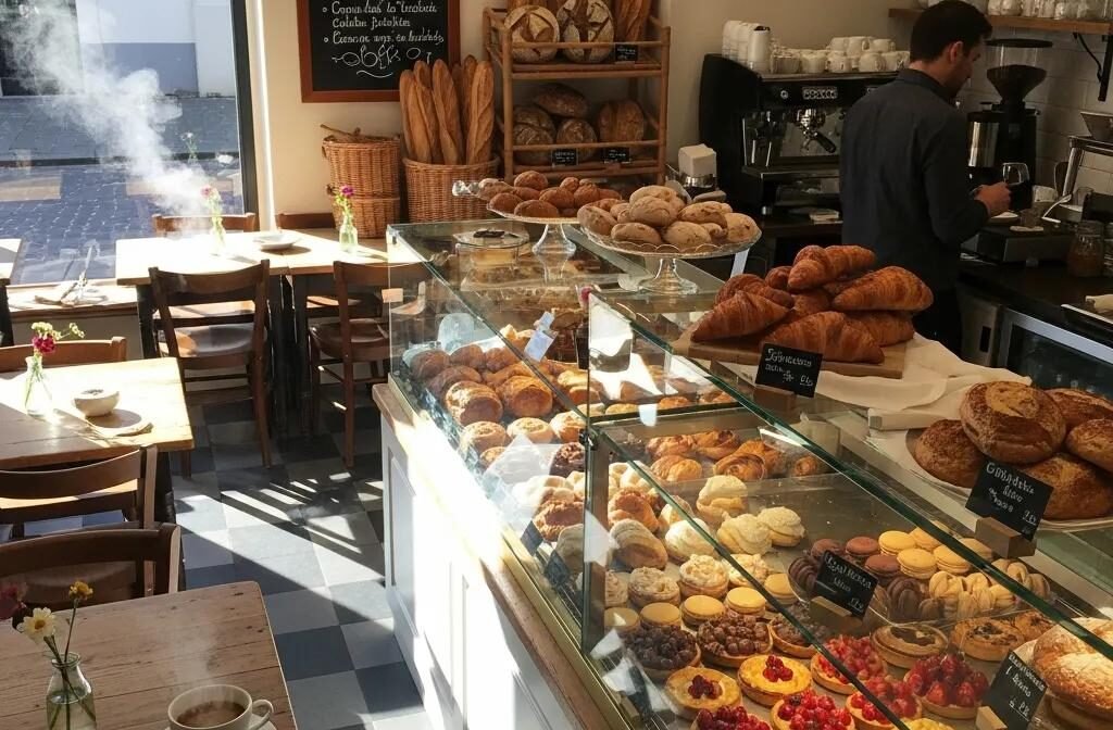 Charming French bakery display with fresh pastries and artisan breads