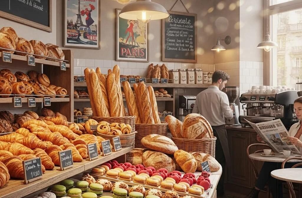 Charming French bakery interior with freshly baked pastries and artisan breads