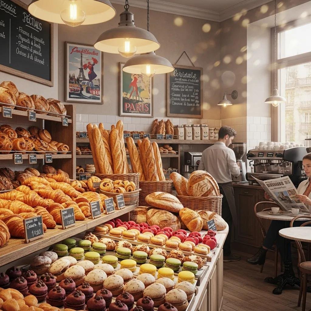 Charming French bakery interior with freshly baked pastries and artisan breads