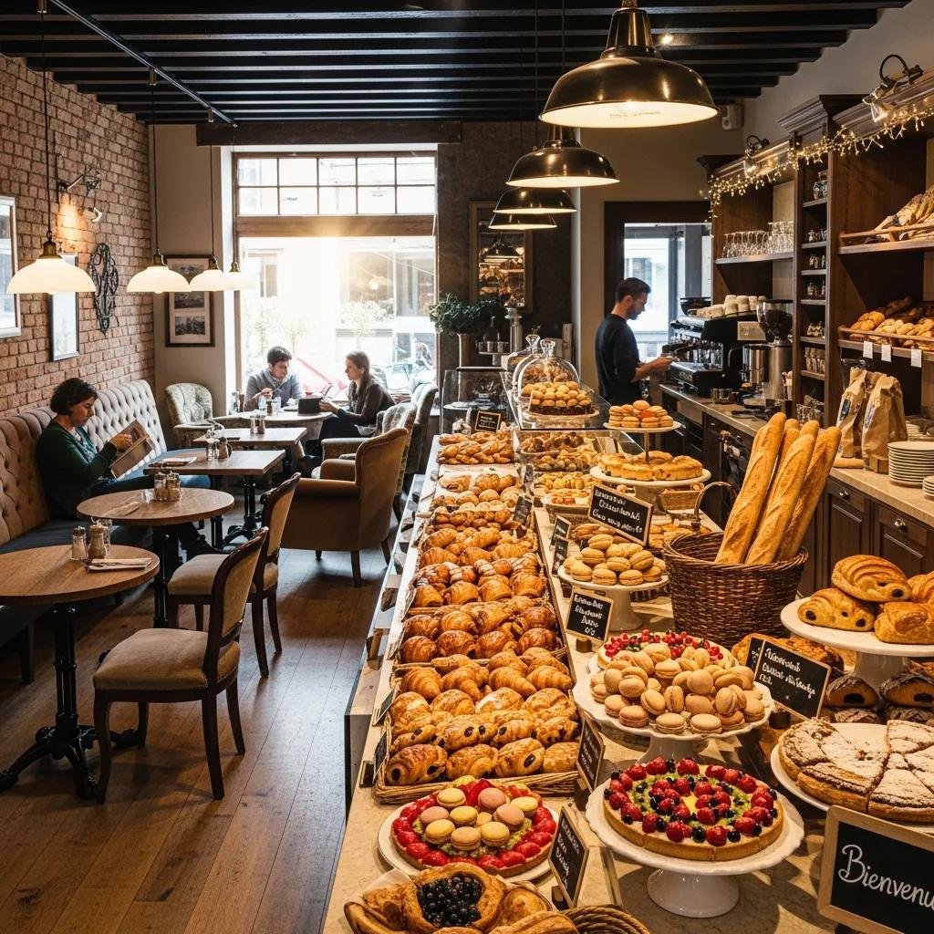 Charming interior of De Ma Vie Bakery with rustic decor and fresh pastries