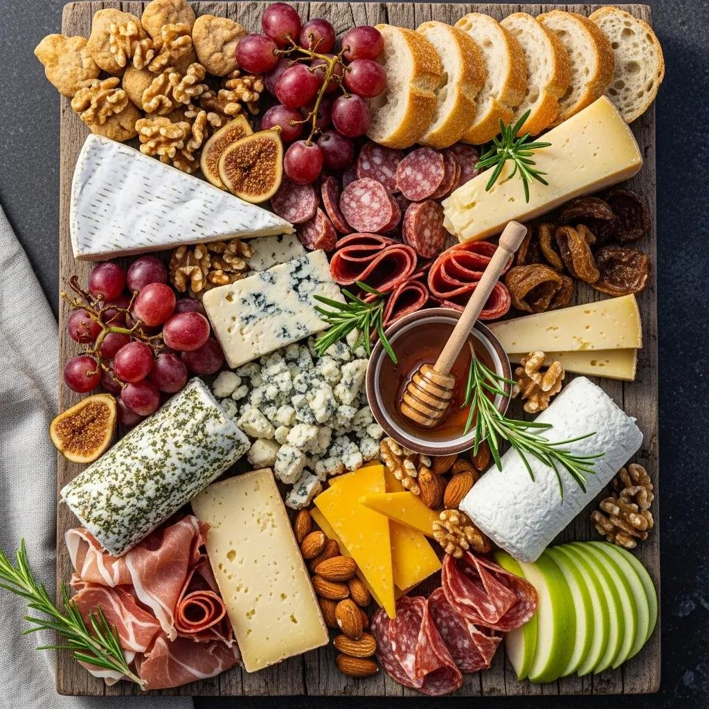 Cheese board with Pain de Campagne bread, cheeses, and fruits