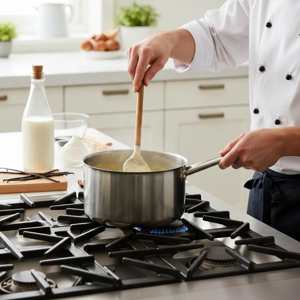 Chef stirring a pot of creamy Riz au Lait, highlighting the authentic preparation process at De Ma Vie Bakery