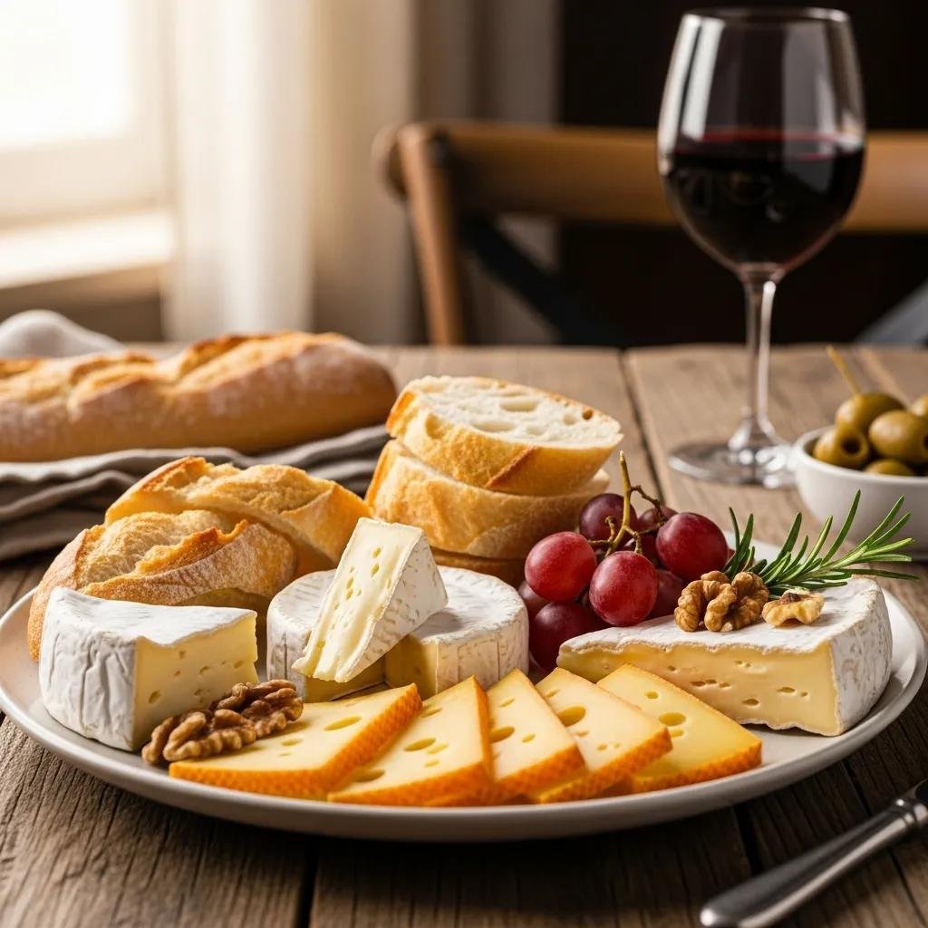 Classic cheese and baguette plate showcasing Brie, Camembert, and Comté cheeses with artisan baguette slices