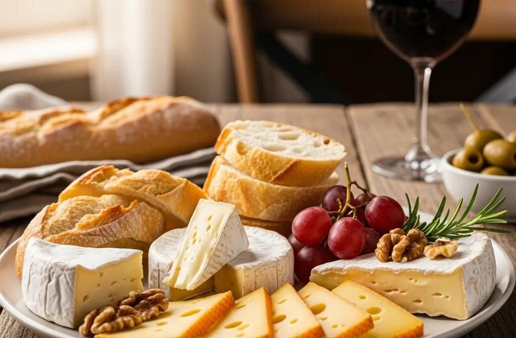 Classic cheese and baguette plate showcasing Brie, Camembert, and Comté cheeses with artisan baguette slices