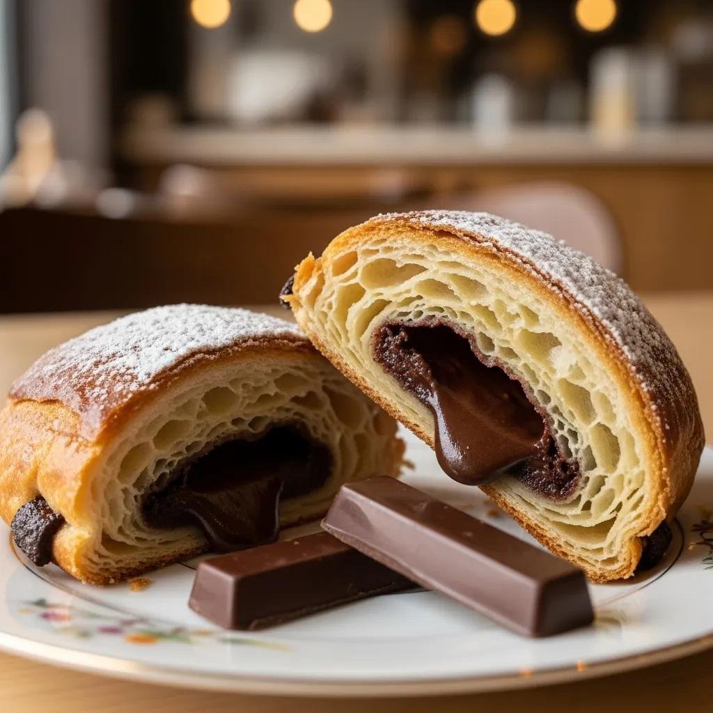 Close-up of a freshly baked pain au chocolat showcasing its flaky layers and rich chocolate filling