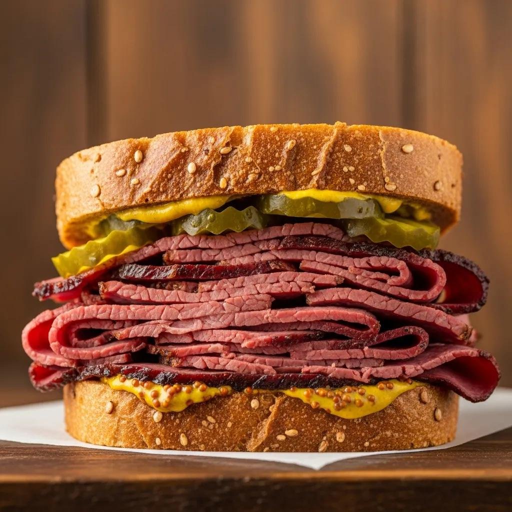 Close-up of a Montreal style smoked beef sandwich with rye bread, mustard, and pickles